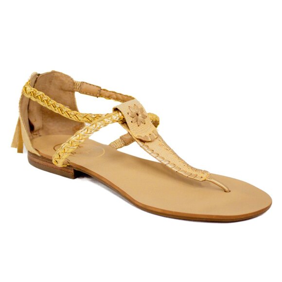 Jack Rogers Jenna Flat Sandal Gold Braided Thong Style Open Toe Leather Slide - Picture 1 of 9